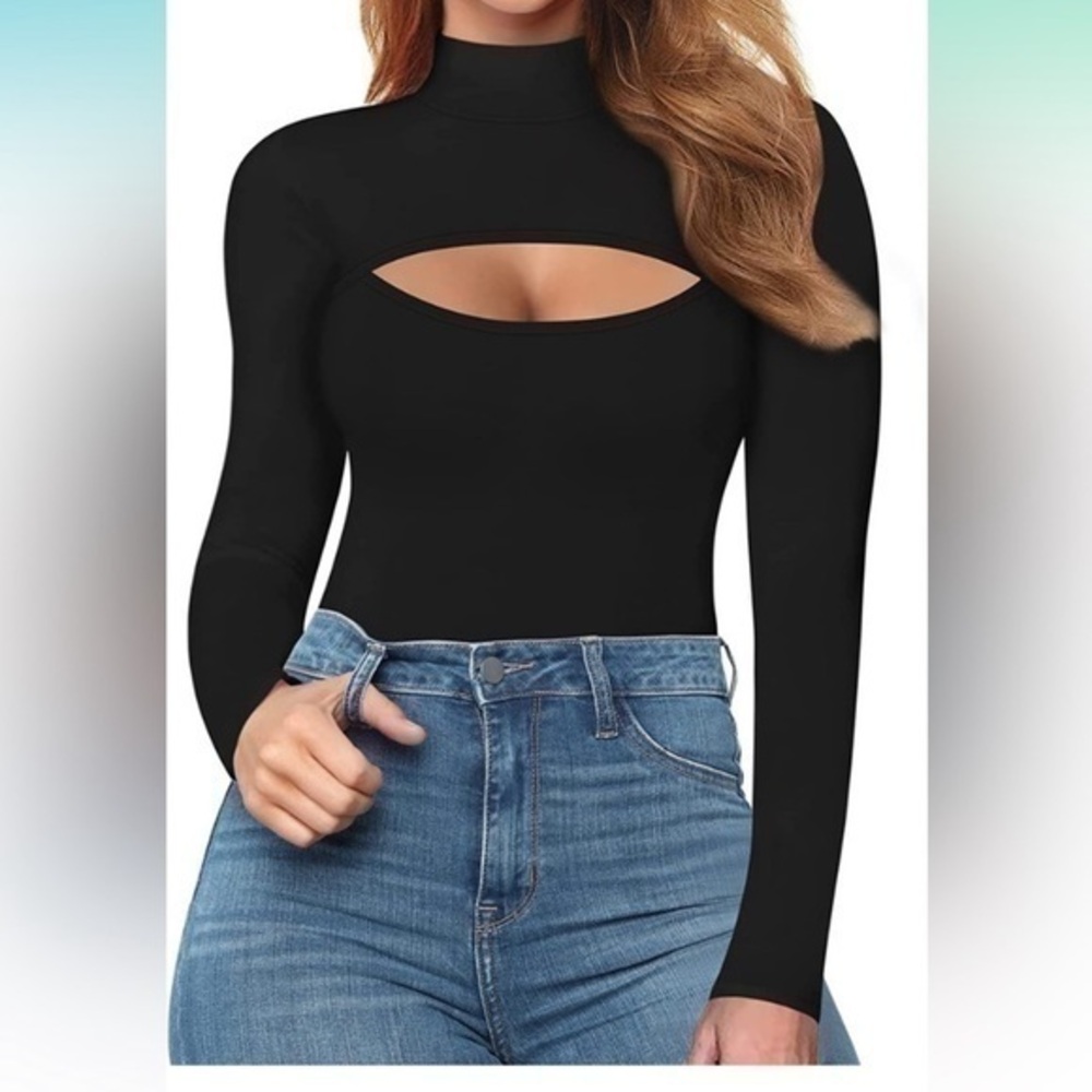 NWT MANGOPOP Collection Cutout Long Sleeve Bodysuit Stretch Black Size XS